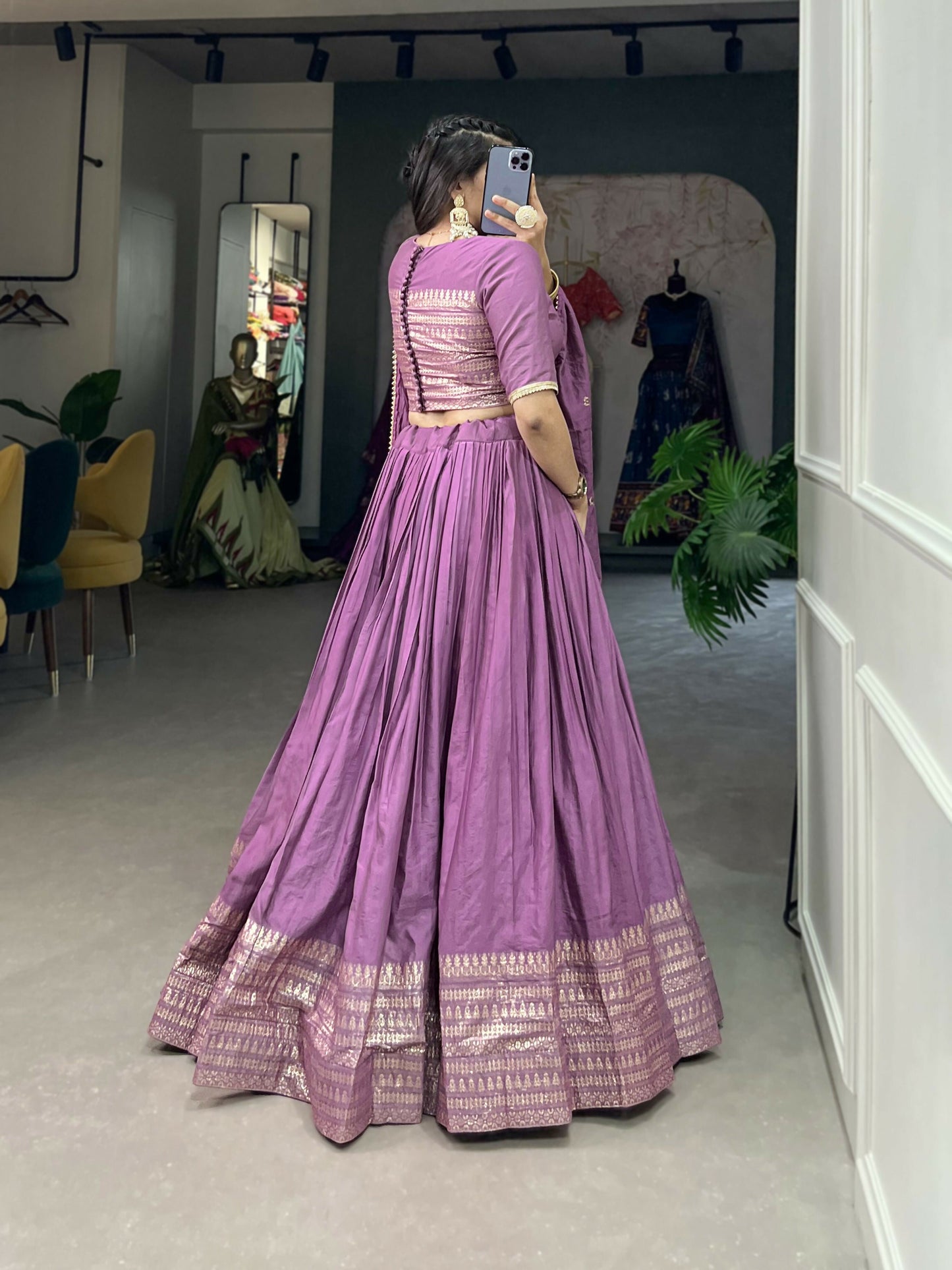Lorenvalley Lavender Pure Chanderi Plain With Zari Weaving Work Border Lehenga Choli | Swadesiicart