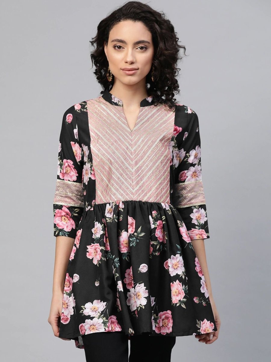 Ahalyaa Women Black Rayon Floral Print Tunic | Swadesiicart