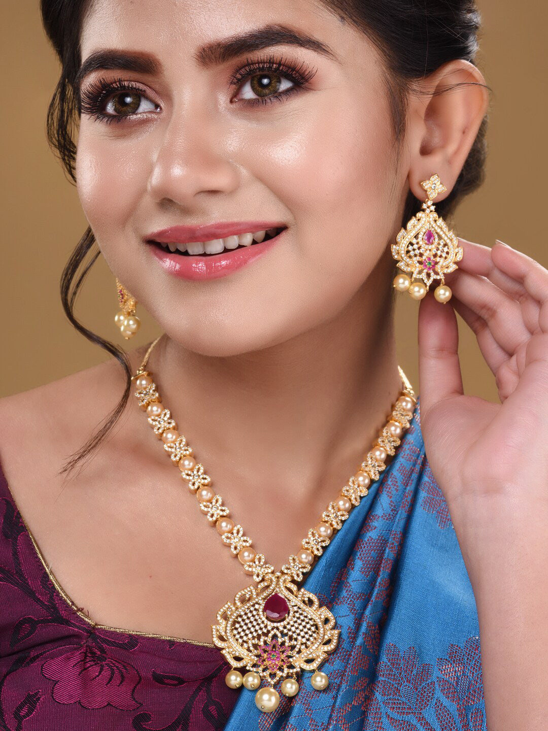 Saraf RS Jewellery Gold-Polished White & Pink American Diamond Studded & Beaded Handcrafted Jewellery Set - Swadesiicart