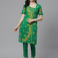 ADA Women Green & Yellow Paisley Chikankari Embroidered Sustainable Handloom Kurta with Trousers | Swadesiicart