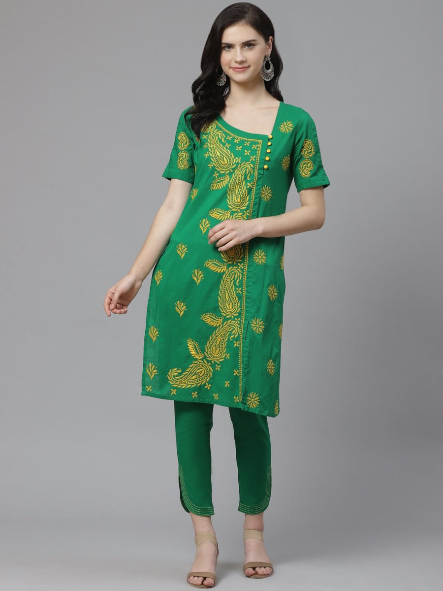ADA Women Green & Yellow Paisley Chikankari Embroidered Sustainable Handloom Kurta with Trousers | Swadesiicart