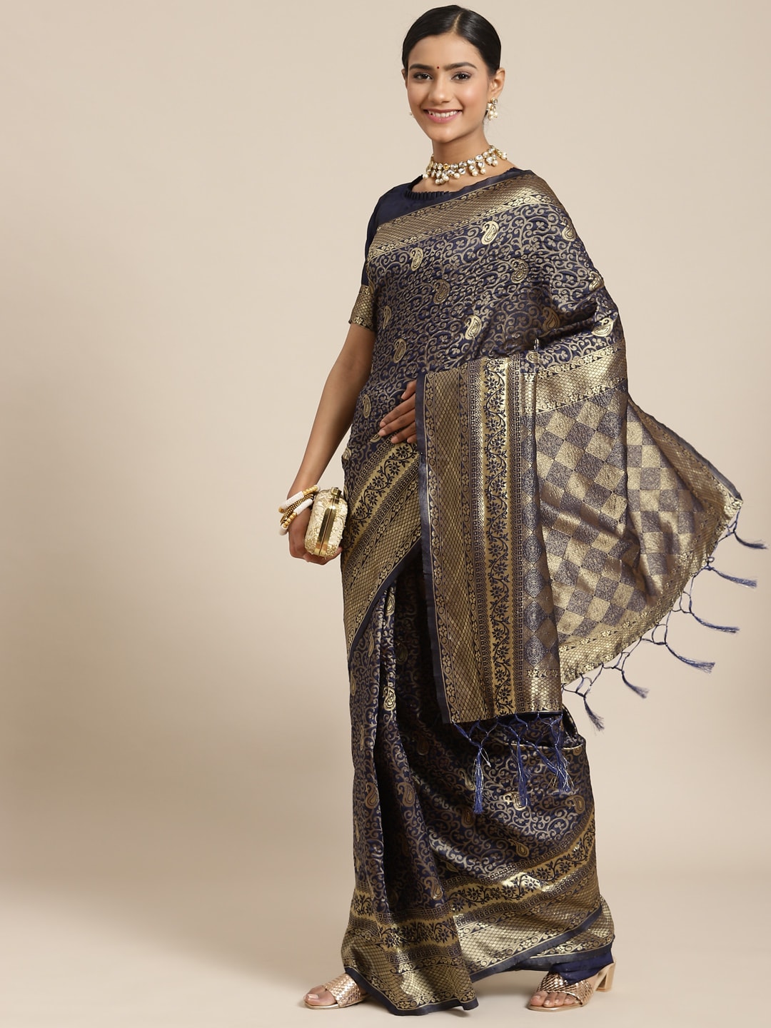 Saree Mall Navy Blue & Gold-Toned Ethnic Motifs Zari Silk Blend Banarasi Sarees | Swadesiicart