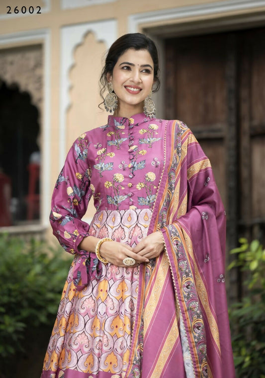 Wedding Designer Purple Soft Dola Silk Anarkali suit with Dupatta - Samanta - Swadesiicart