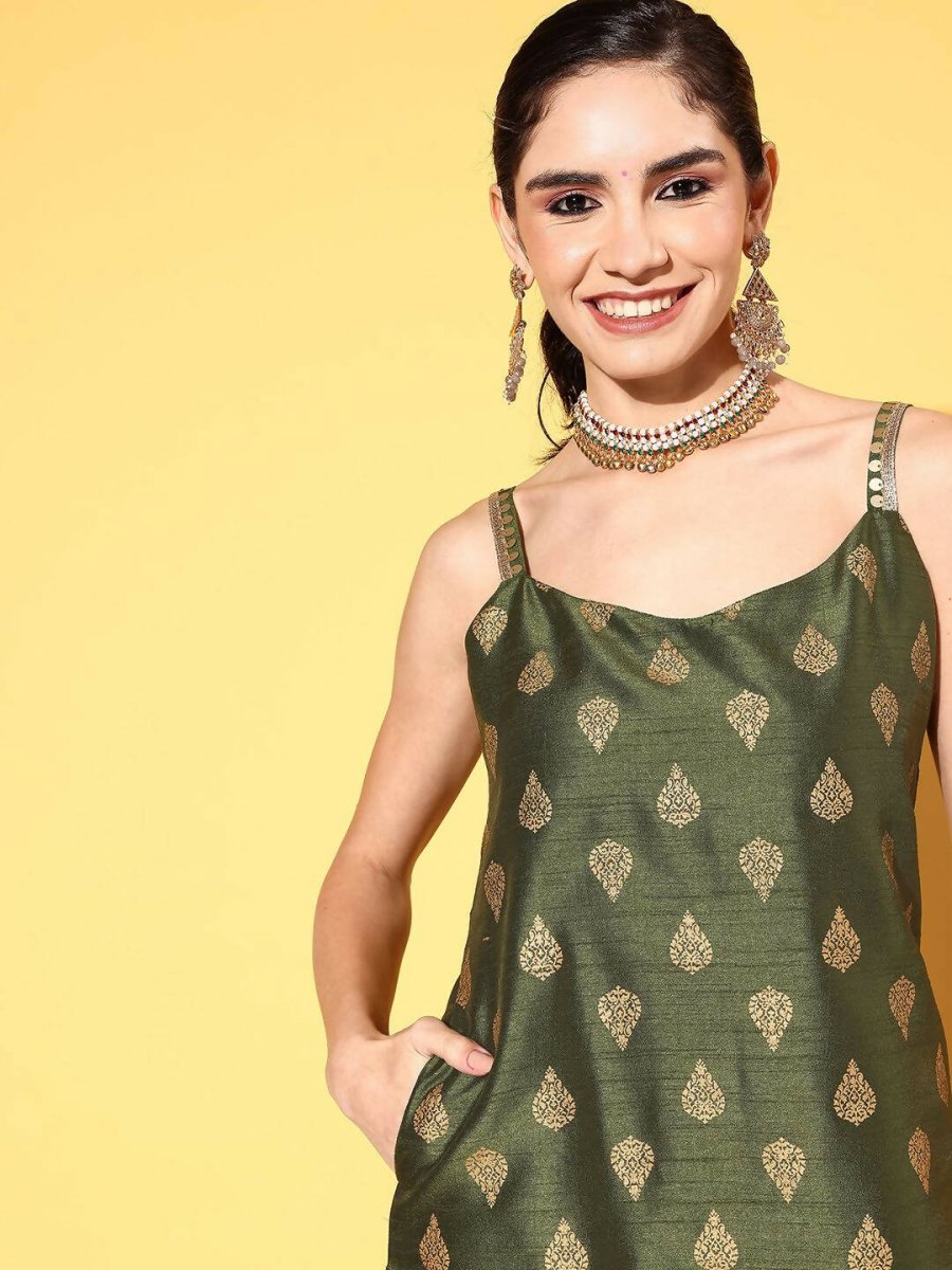 Ahalyaa Women's Olive Colour Poly Silk Gold Printed Kurta Pant Set | Swadesiicart
