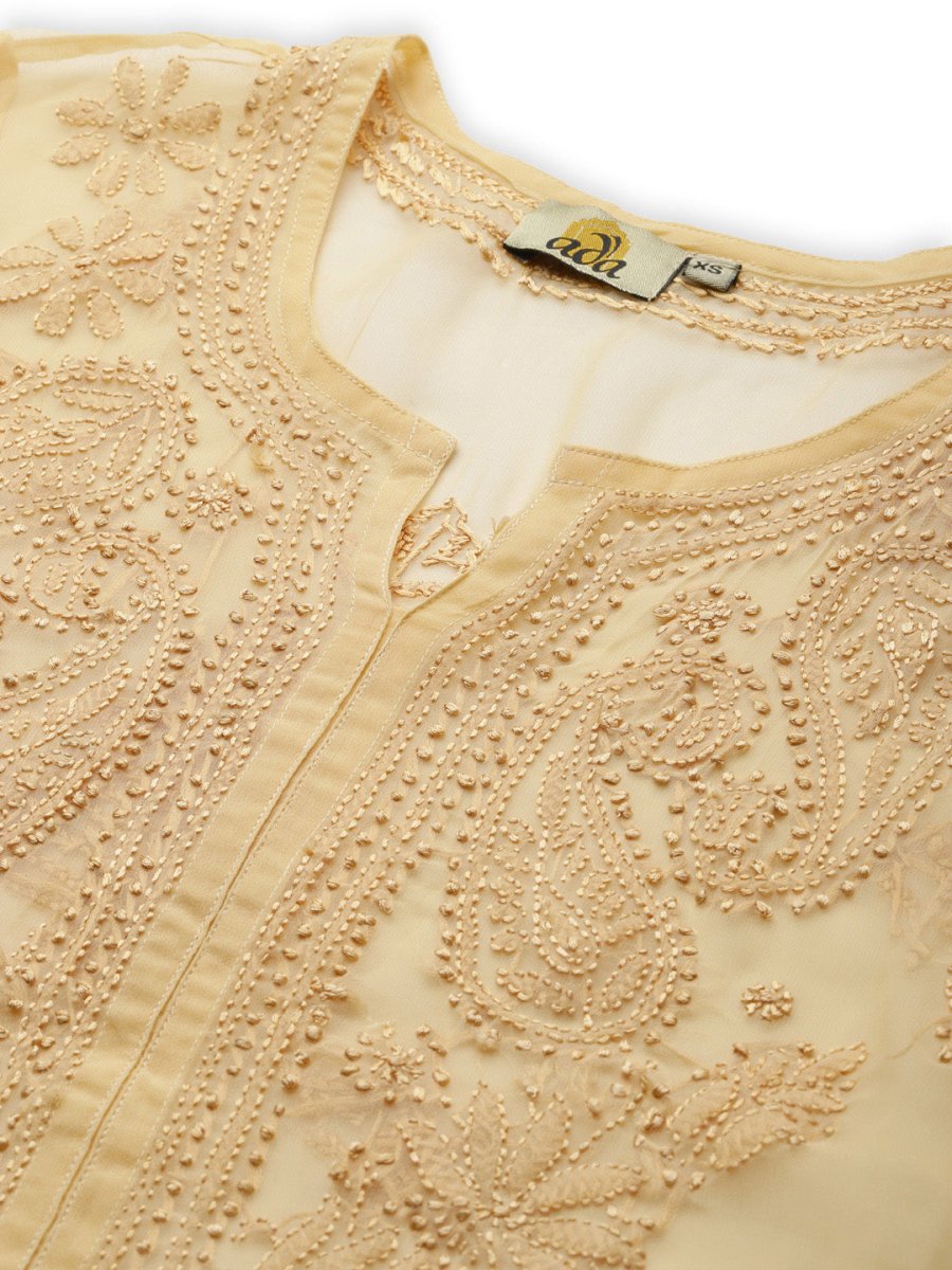 ADA Women Beige & Black Ethnic Motifs Embroidered Chikankari Handloom Kurta with Trousers & Inner | Swadesiicart