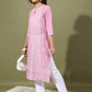 Vishudh Pink Floral Printed Keyhole Neck Straight Kurta - Swadesiicart