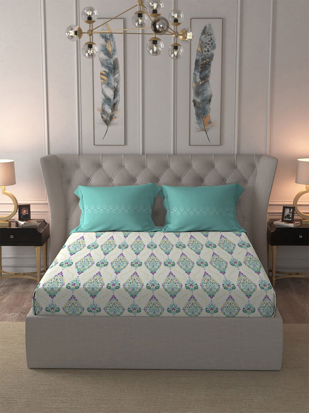MYTRIDENT Moments White Blue Ethnic Motifs Pure Cotton 120 TC Bedsheet 2 Pillow Covers - Swadesiicart