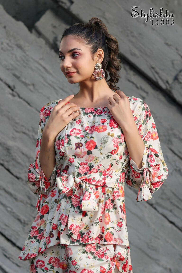 Women's Partywear Designer White & Multi Muslin co-ord set - Stylishta - Swadesiicart