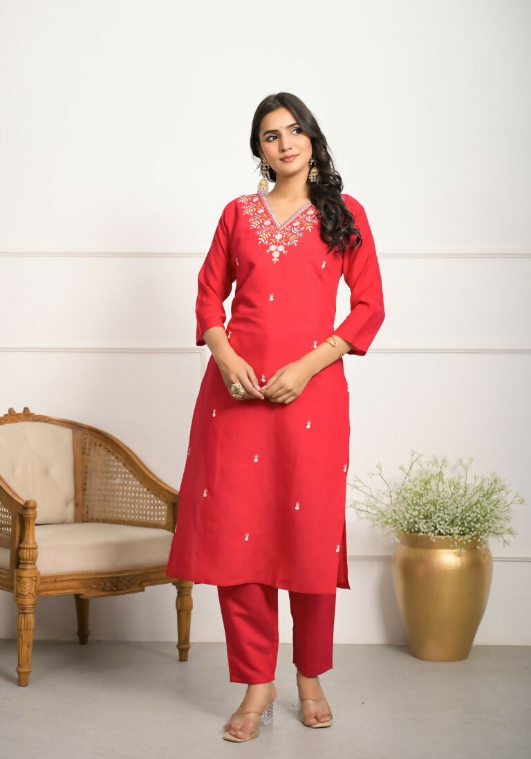 Festive Wear Ethnic Red Viscose Chanderi Stitched Suit With Dupatta - Tanisha | Swadesiicart