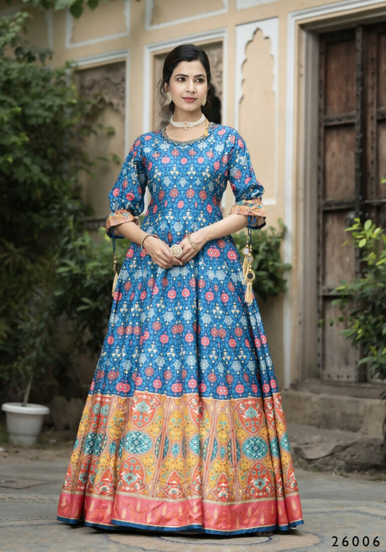 Wedding Designer Blue Soft Dola Silk Anarkali suit with Dupatta - Samanta - Swadesiicart