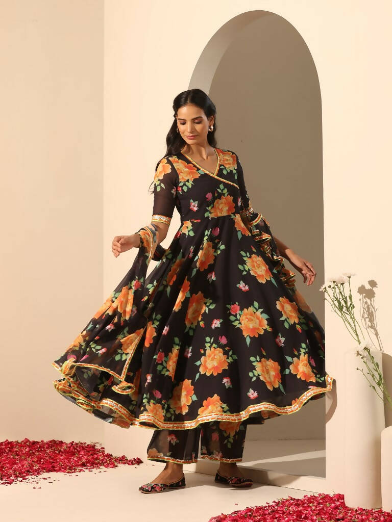 Pomcha Jaipur Black Gul Narangi Angrakha Set | Swadesiicart