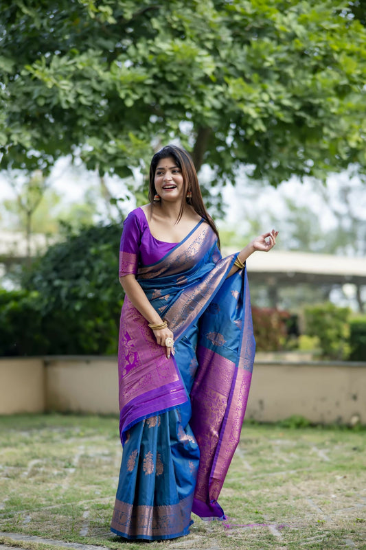 Vishnu Weaves Women's Blue Banarasi Silk Saree with Blouse - Swadesiicart