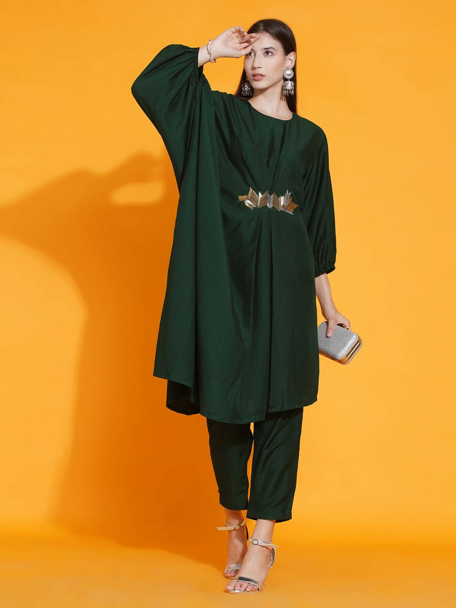 Women Republic Green Fusion Style Kurta With Hand Embellishment And Pants | Swadesiicart