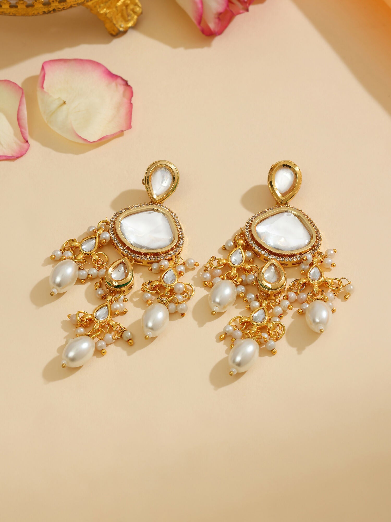 Ruby Raang 22k Gold Polished Kundan Earrings With Pearls | Swadesiicart
