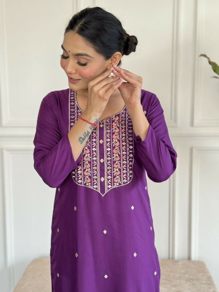 Purple Rayon Slub Stitched Suit With Dupatta - Tanisha | Swadesiicart