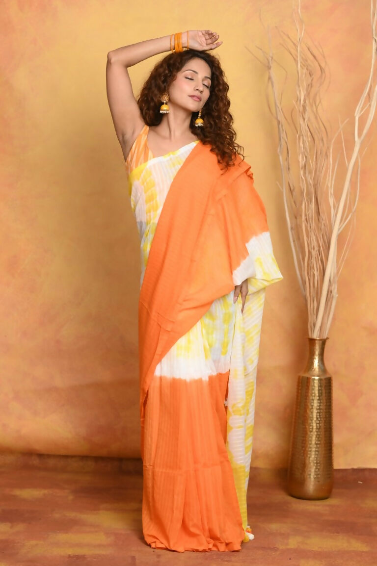 Very Much Indian Tie & Dye Handloom Mul Cotton Saree - Orange Yellow | Swadesiicart