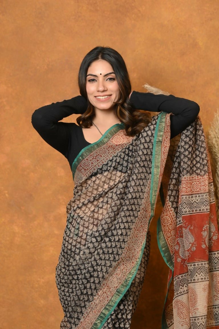 Very Much Indian Handloom Pure Kota Cotton Handblock Printed Saree - Cerulean Print | Swadesiicart