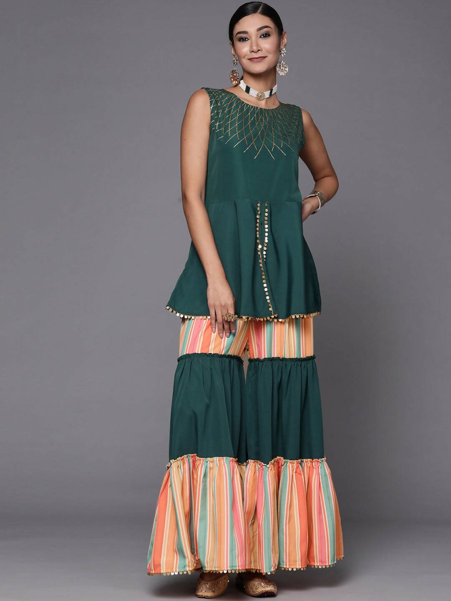 Ahalyaa Green Yoke Geometric Printed High Slit Sequinned Kurti with Sharara | Swadesiicart