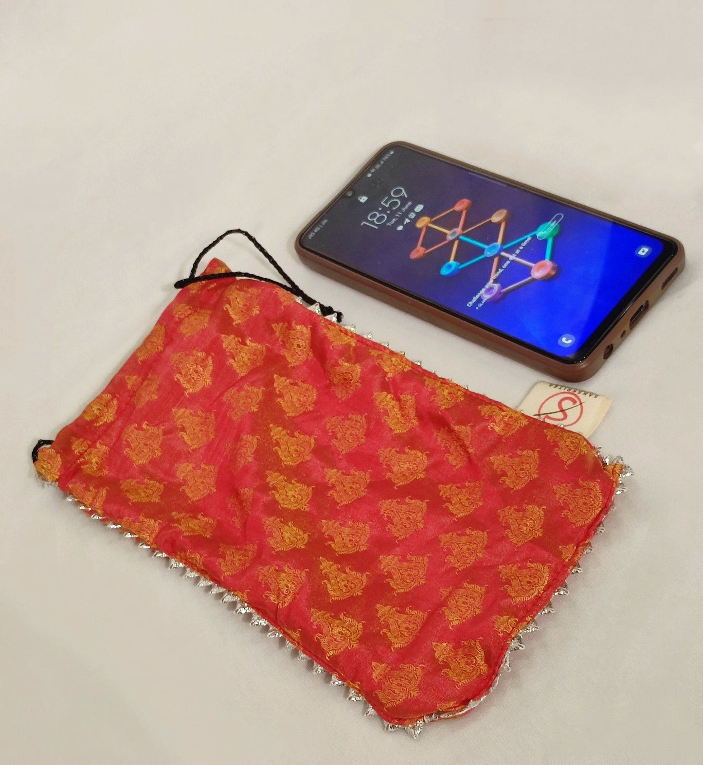 Sanskritea Brocade Drawstring Mobile Pouch - yellow - Swadesiicart