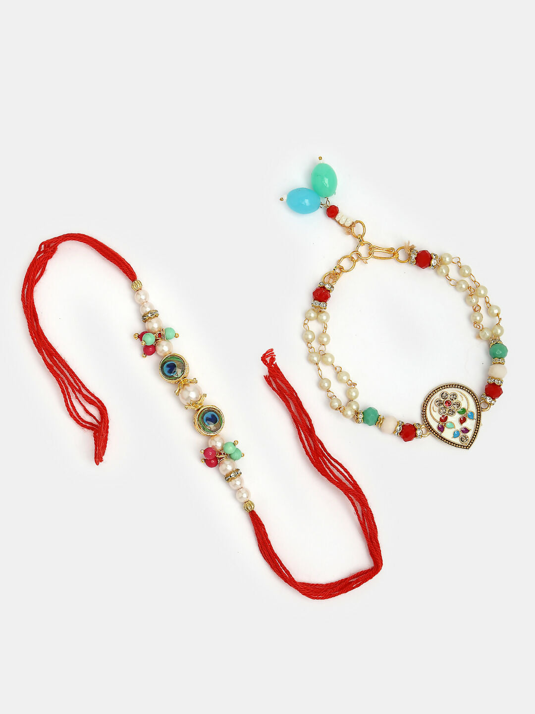 NVR Women & Men Set of 2 Multicolor Artificial Beads Bhaiya Bhabhi Rakhi With Roli Chawal | Swadesiicart