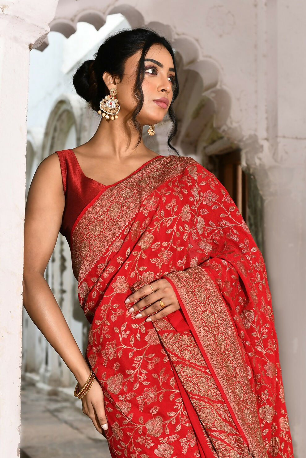 Joban Fashion Red Crepe Chiffon Banarasi Pure Handloom Banarasi Silk Saree | Swadesiicart