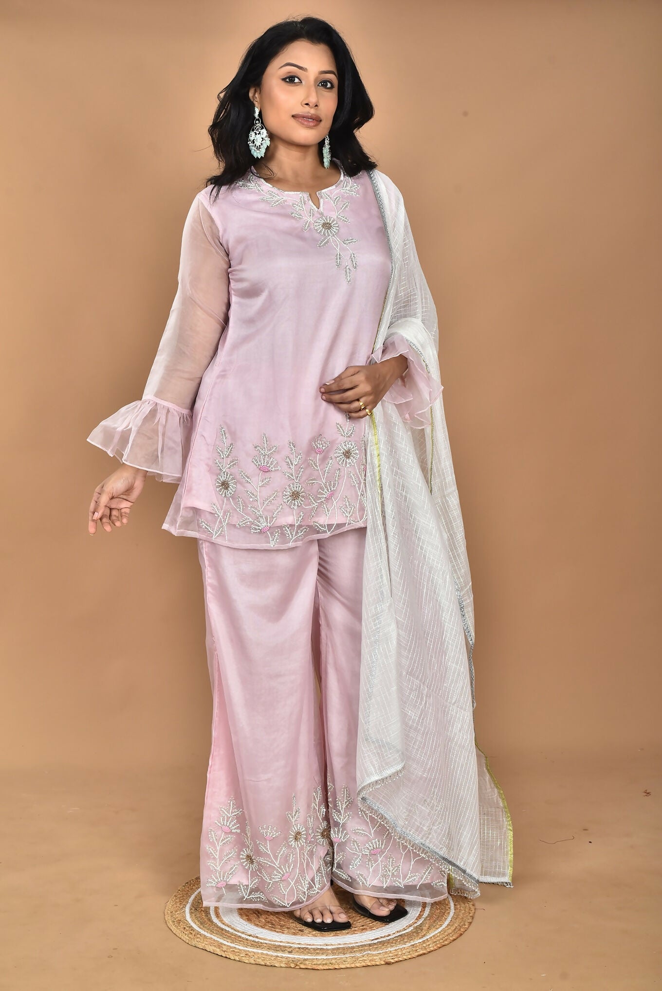 Morchari Women And Hand Embroidery Palazzo Set-Pink - Swadesiicart