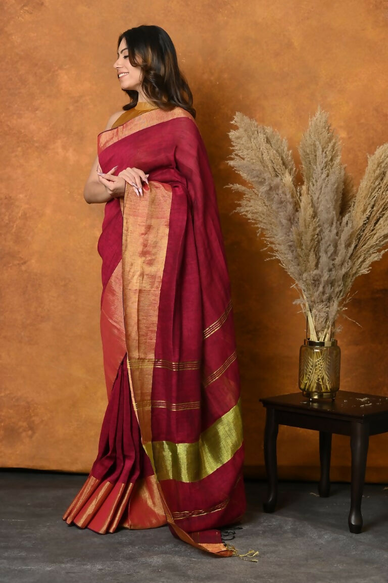 Very Much Indian Handloom Pure Cotton Linen Saree With Golden Border - Maroon | Swadesiicart