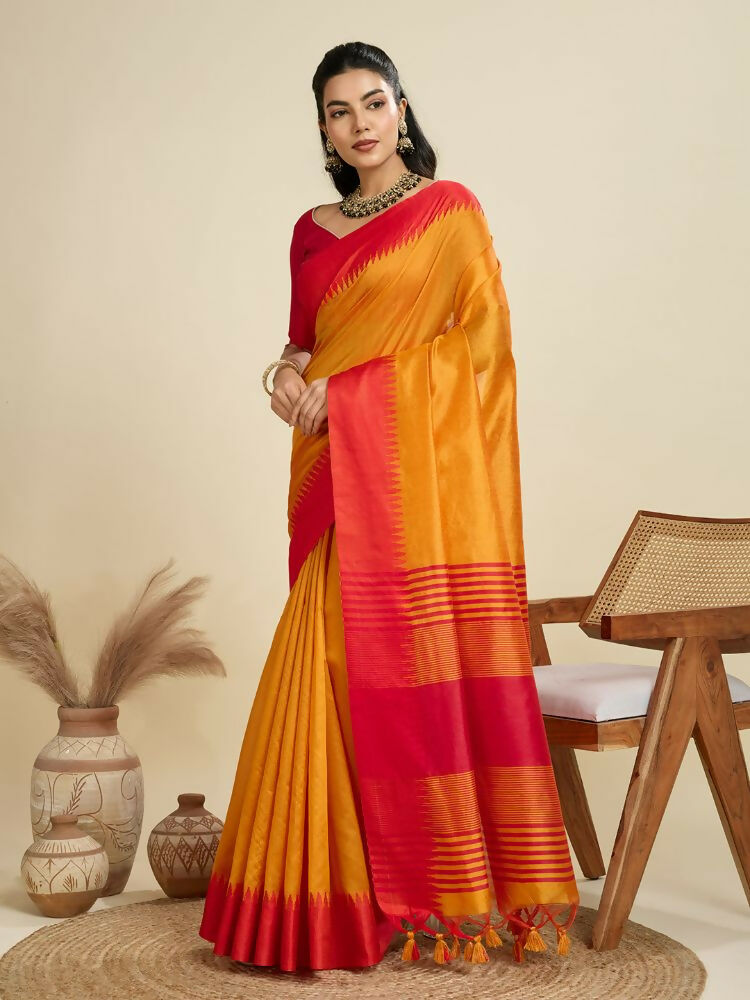 Vishnu Weaves Women's Mustard Raw Silk Thread Woven Saree with Blouse - Swadesiicart