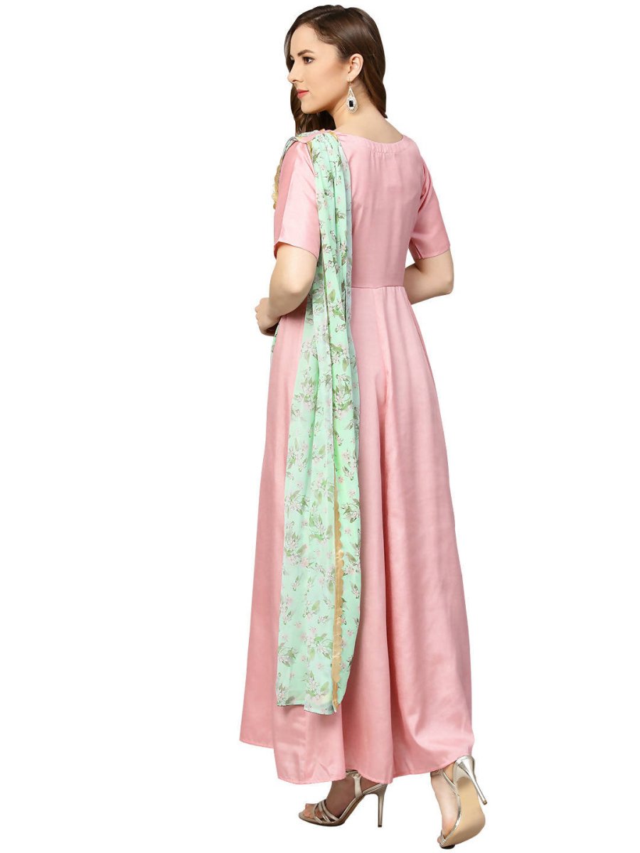 Ahalyaa Pink & Green Solid Maxi Dress with Attached Dupatta | Swadesiicart