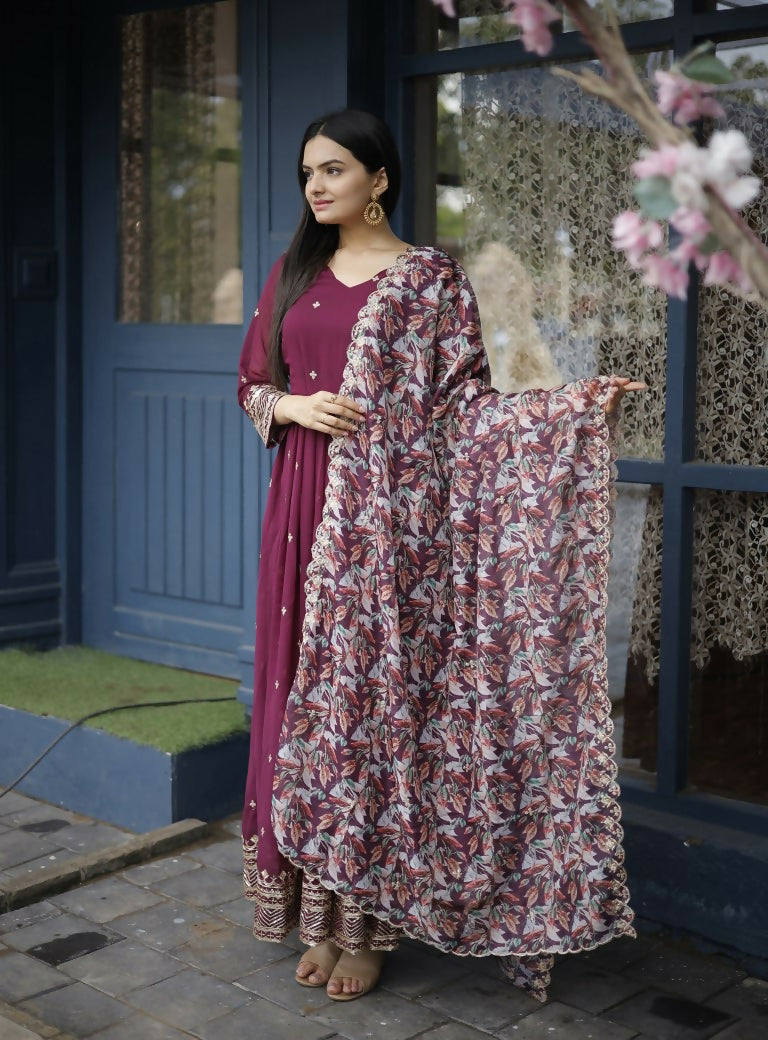 Jyoti Fashion Women's Wine Faux Blooming Sequins with Zari Embroidery Anarkali Dress with Dupatta | Swadesiicart