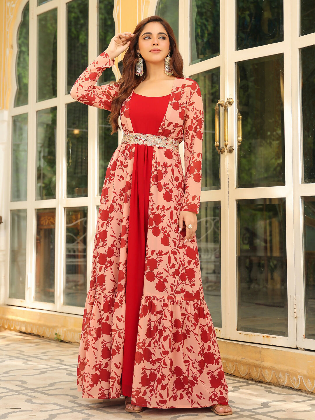 Janasya Maroon Georgette Solid Dress & Jacket | Swadesiicart