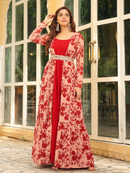 Janasya Maroon Georgette Solid Dress & Jacket | Swadesiicart
