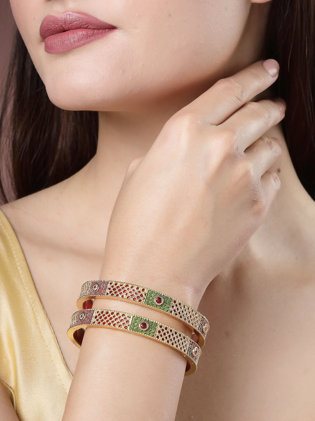 NVR Women's Set Of 2 Gold-Polished Red Kundan Traditional Bangles - NR Retail-NVR