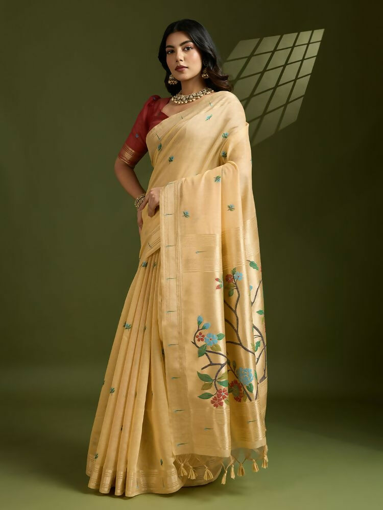 Vishnu Weaves Women's Yellow Muga Cotton Thread Woven Butti with Blouse - Swadesiicart