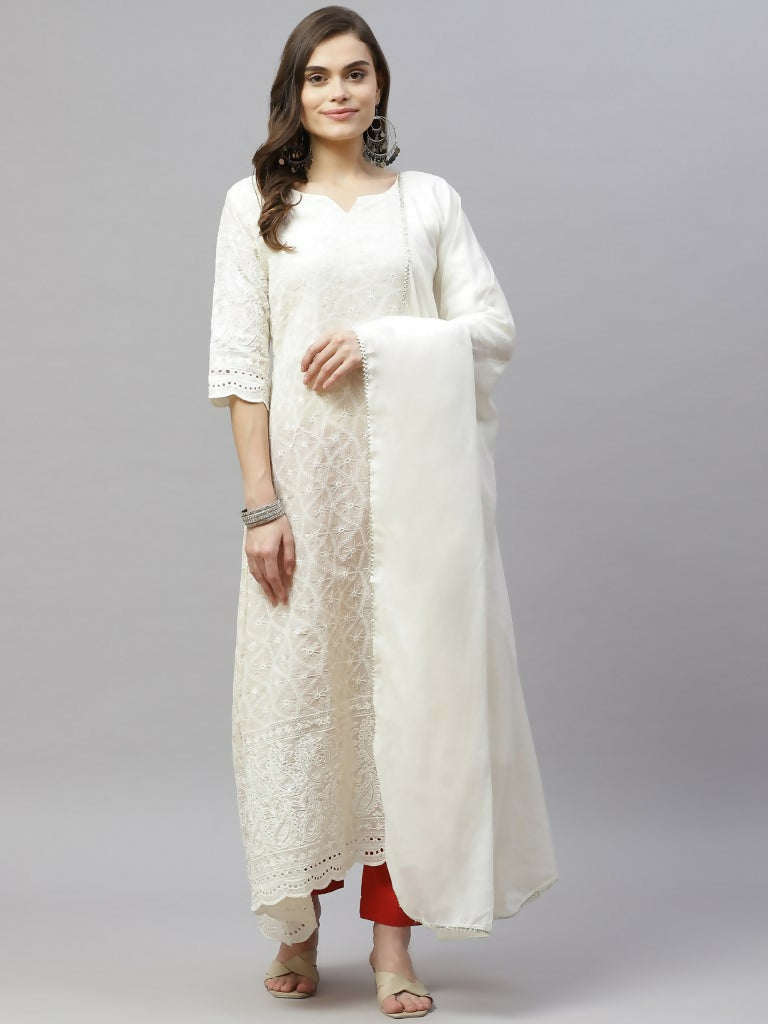 Miravan Women's Beige Embroidered Chikankari Kurta & Dupatta | Swadesiicart