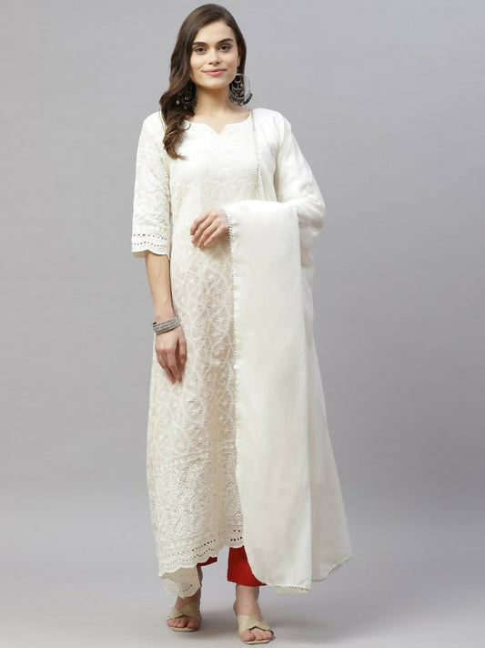 Miravan Women's Beige Embroidered Chikankari Kurta & Dupatta | Swadesiicart
