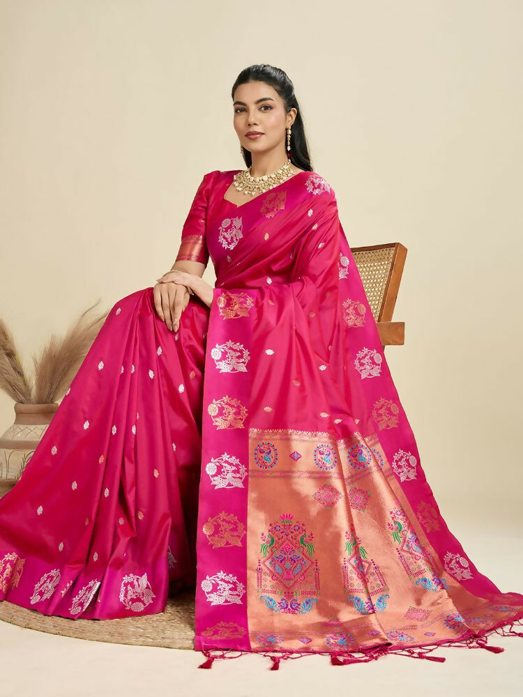 Vishnu Weaves Women's Magenta Banarasi Silk Zari Woven Saree with Blouse - Swadesiicart
