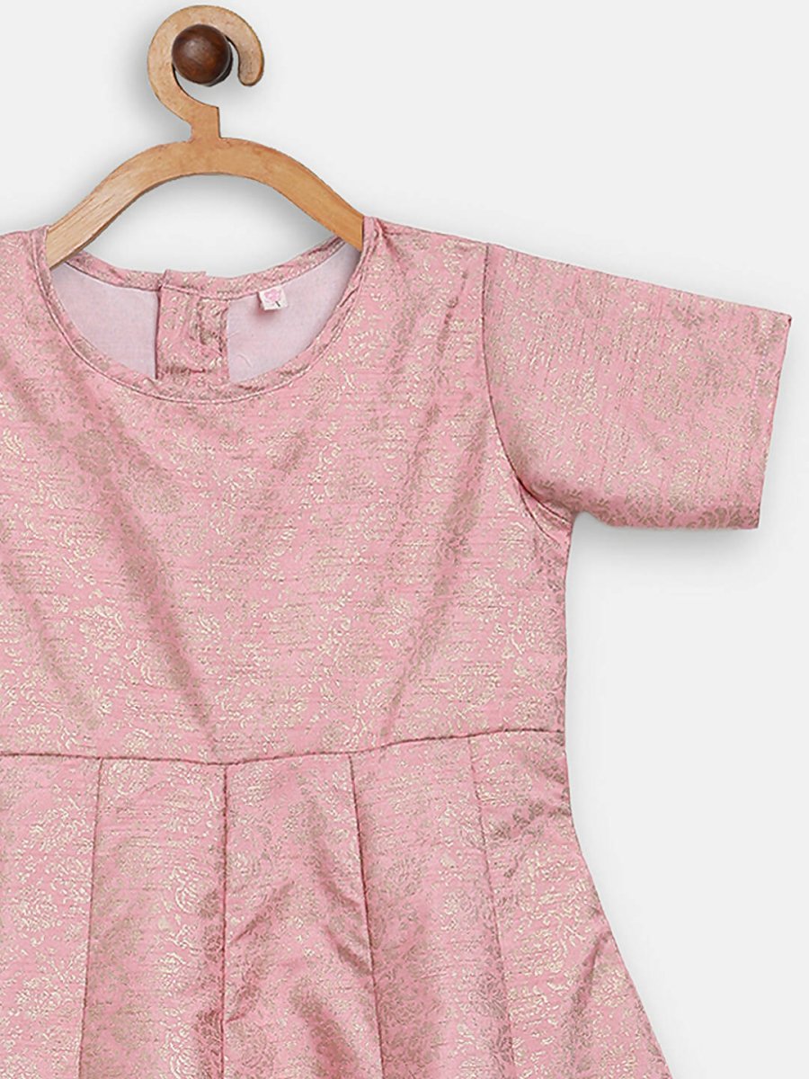 Ahalyaa Pink Poly Silk Gold Print Girl's Kids Dress For Girls | Swadesiicart