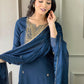 Partywear Designer Rayon Slub Blue Stitched Suit With Dupatta - Tanisha | Swadesiicart