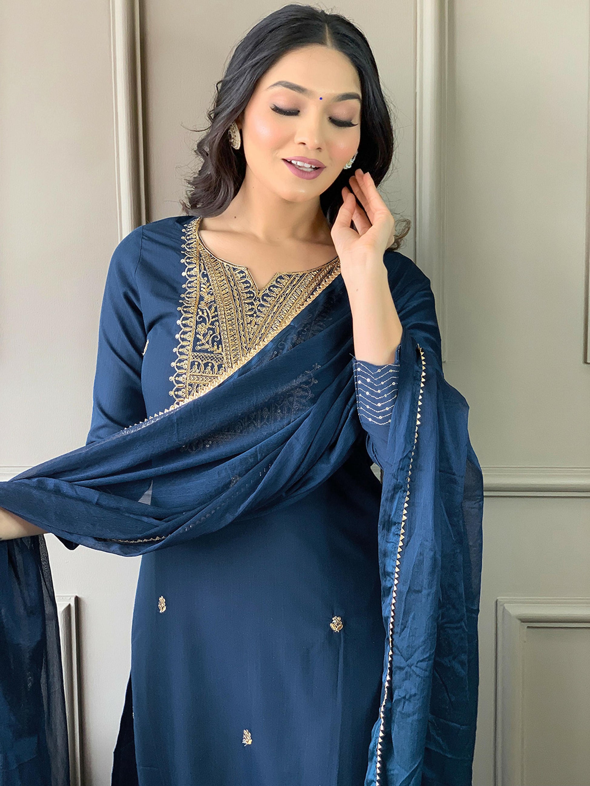 Partywear Designer Rayon Slub Blue Stitched Suit With Dupatta - Tanisha | Swadesiicart