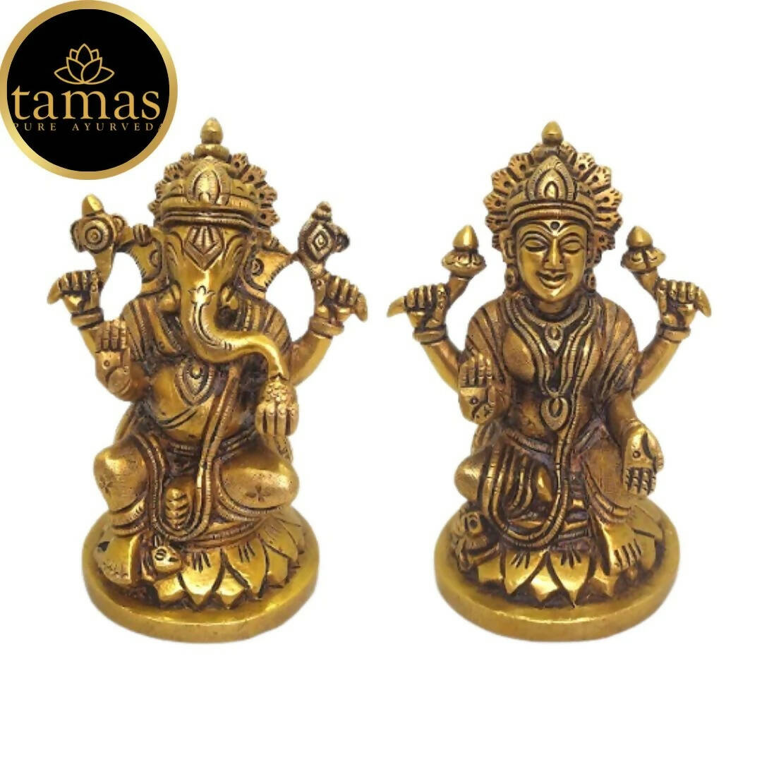 Tamas Brass Ganesh Lakshmi Statue | Golden Finish | Diwali Decor - Swadesiicart