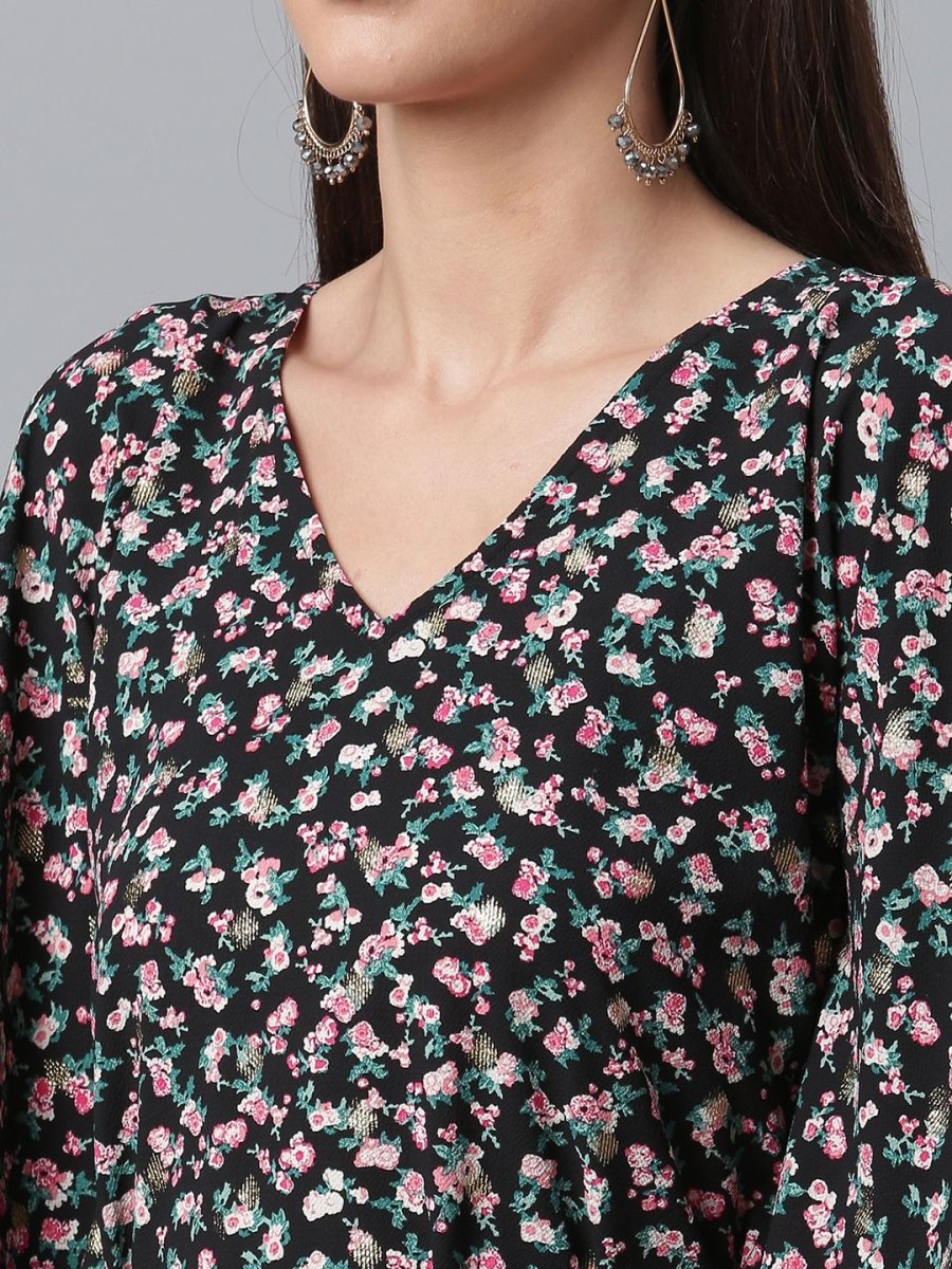 Ahalyaa Crepe Black Digital & Foil Floral Printed Kaftan | Swadesiicart