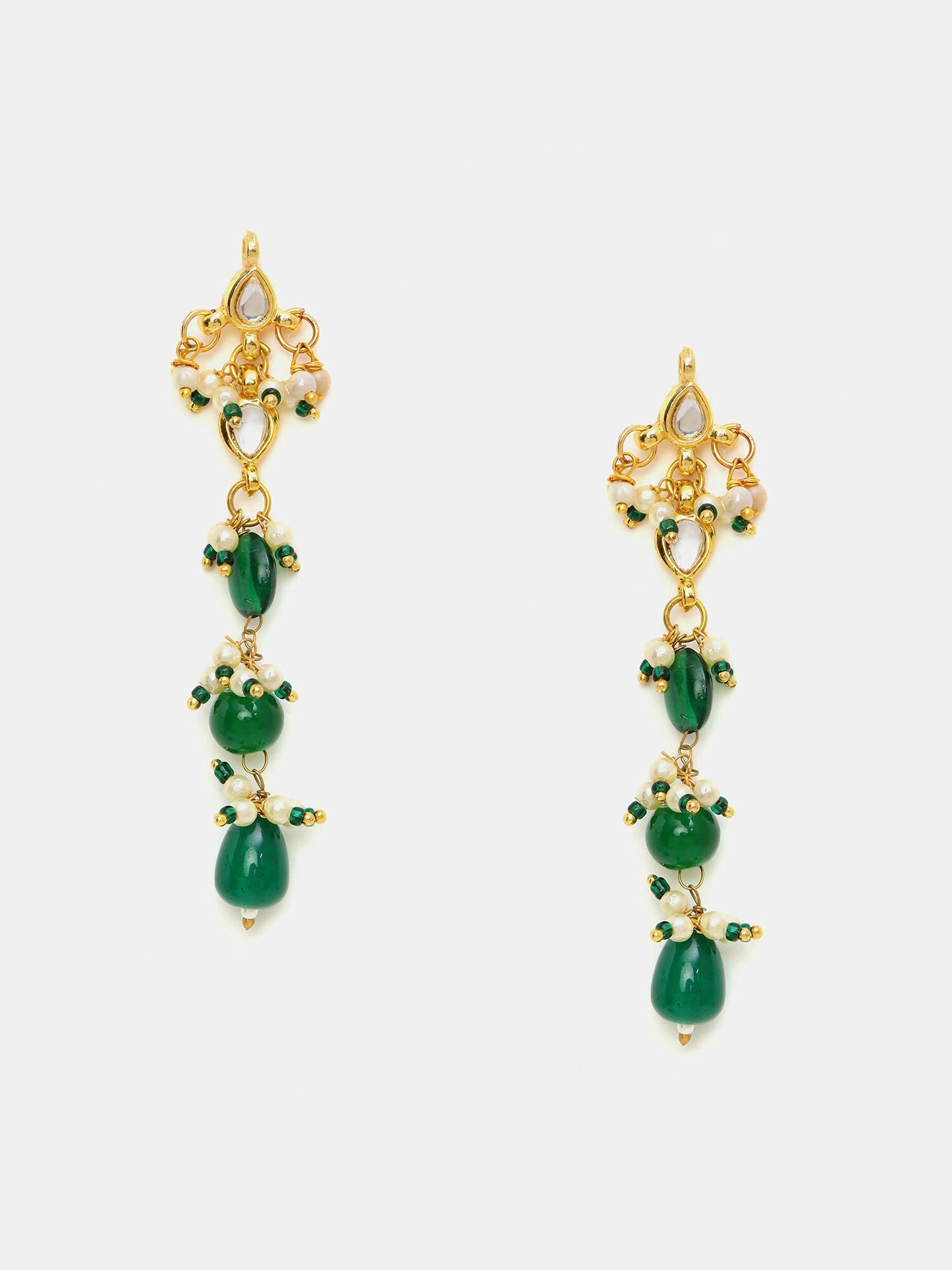 Ruby Raang 22k Gold Polished Long Kundan And Emerald Earrings | Swadesiicart