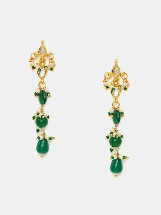 Ruby Raang 22k Gold Polished Long Kundan And Emerald Earrings | Swadesiicart