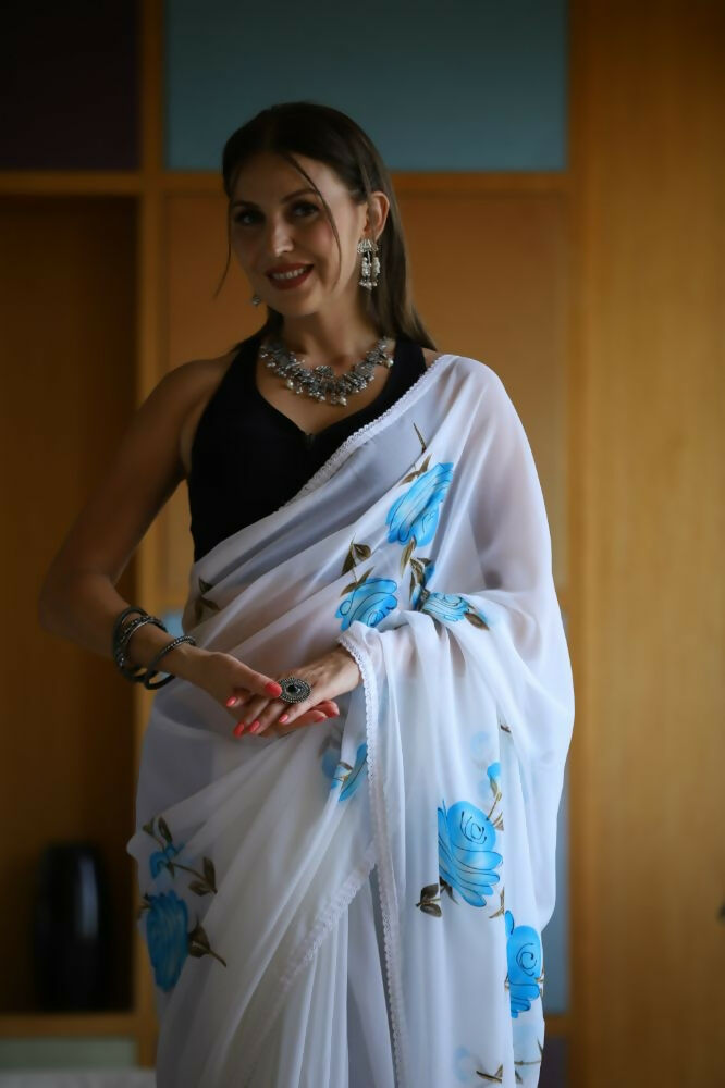 Vamsee Laxmi White Georgette Saree - Swadesiicart
