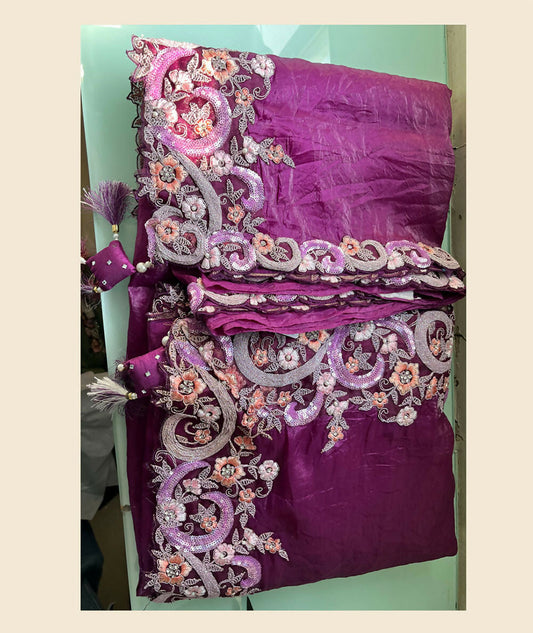 Purple Banarasi Crush Silk Thread, Sequence, Cord Embroidered with Stone & Moti Work Saree - Mohmanthan Dakshika | Swadesiicart
