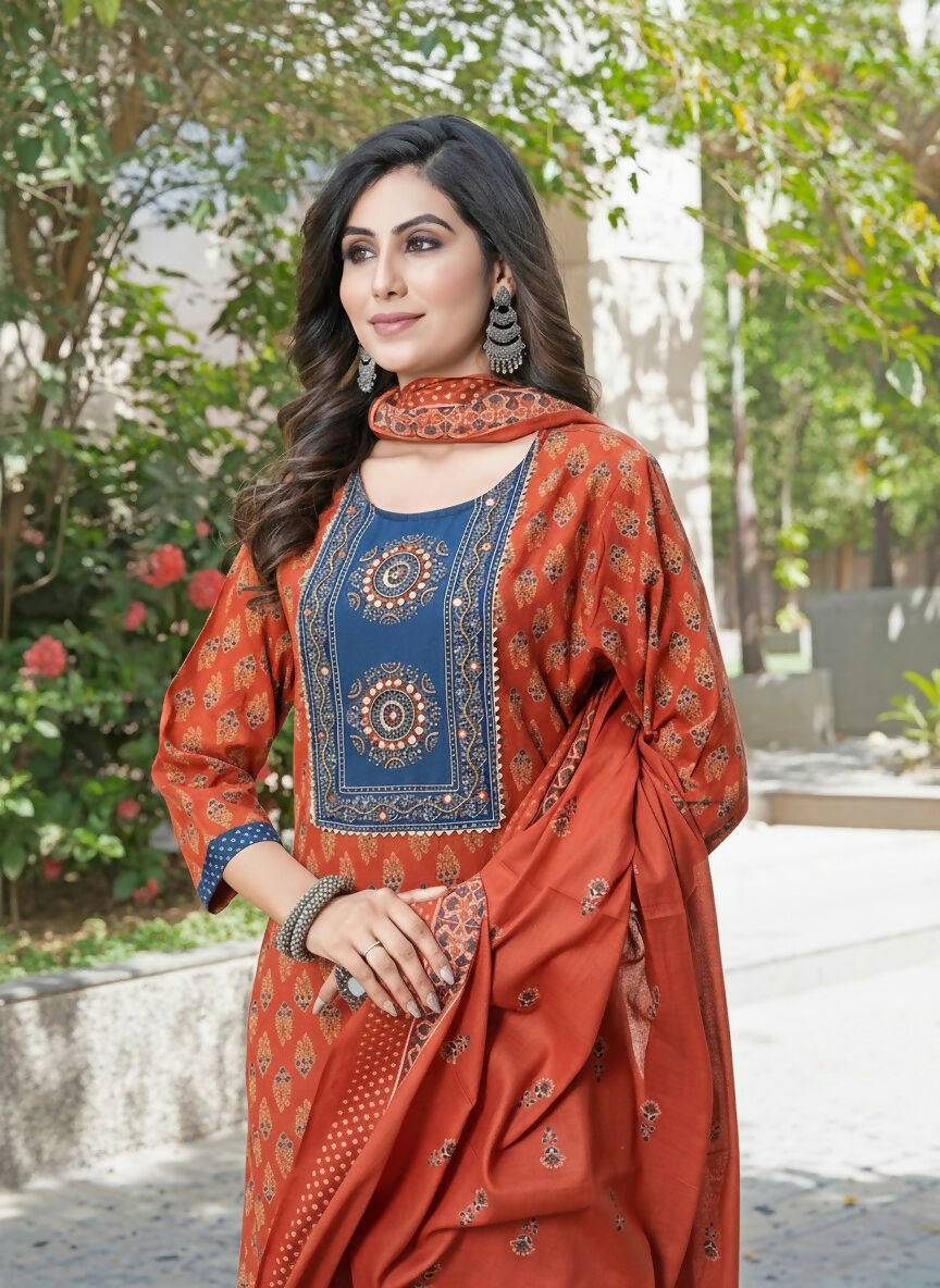 BulBul Aaliya Elegance Rust Cotton Kurta Set with Dupatta - Swadesiicart