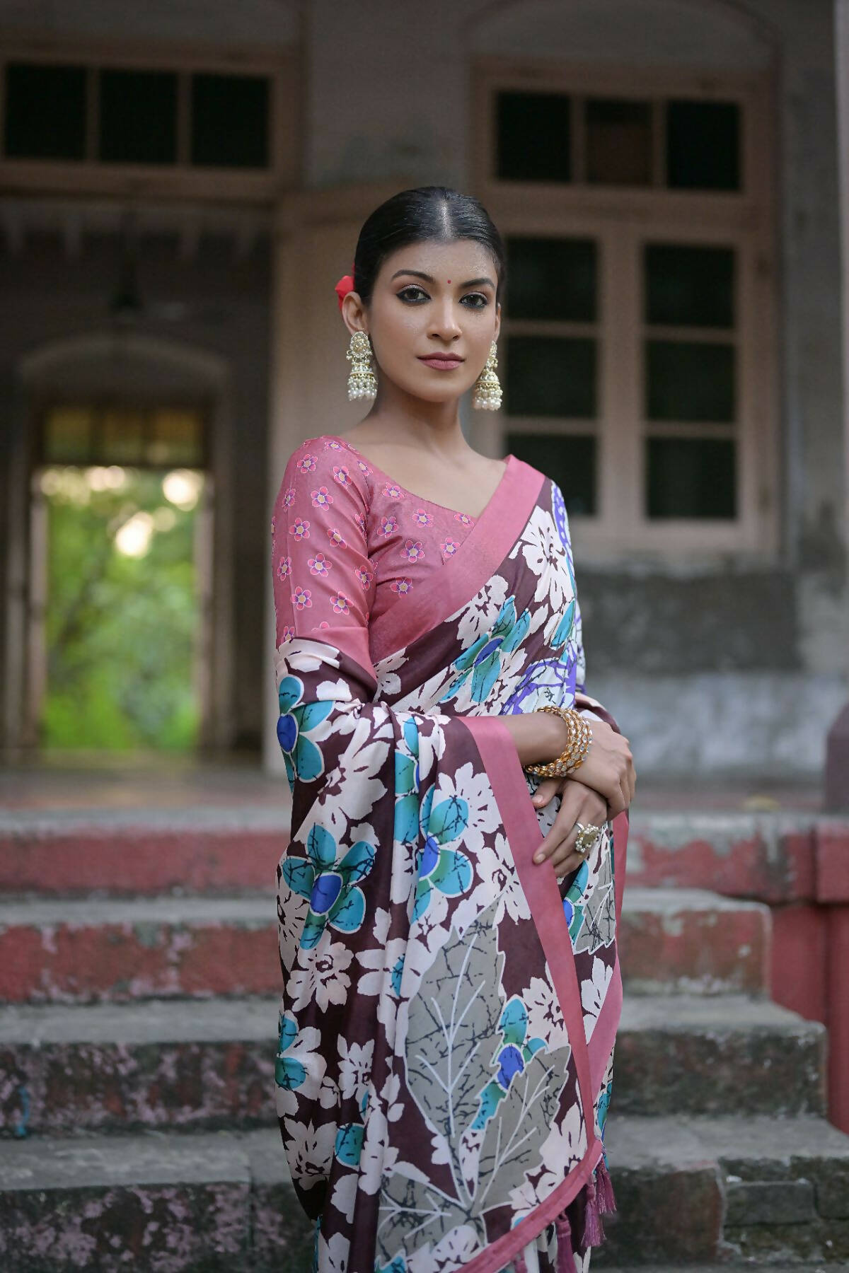 Vishnu Weaves Women's Coffee Cotton Silk Printed Saree with Blouse - Swadesiicart