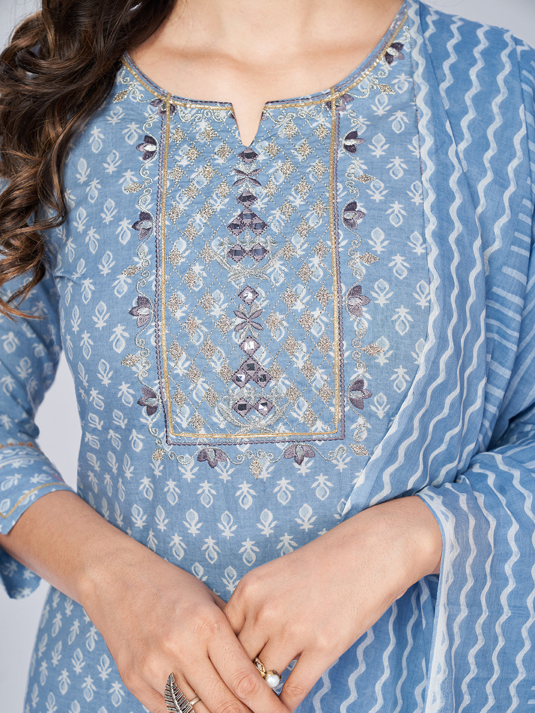 NOZ2TOZ Women's Printed & Embroidered Straight Cotton Sky Blue Kurta Pant With Dupatta (3Pcs Set) - Swadesiicart