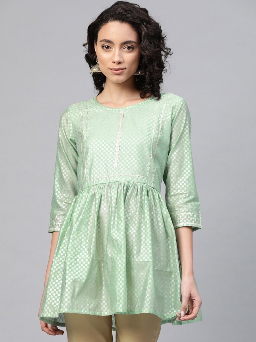 Ahalyaa Women Sea Green Chanderi Silk Golden Printed Tunic | Swadesiicart